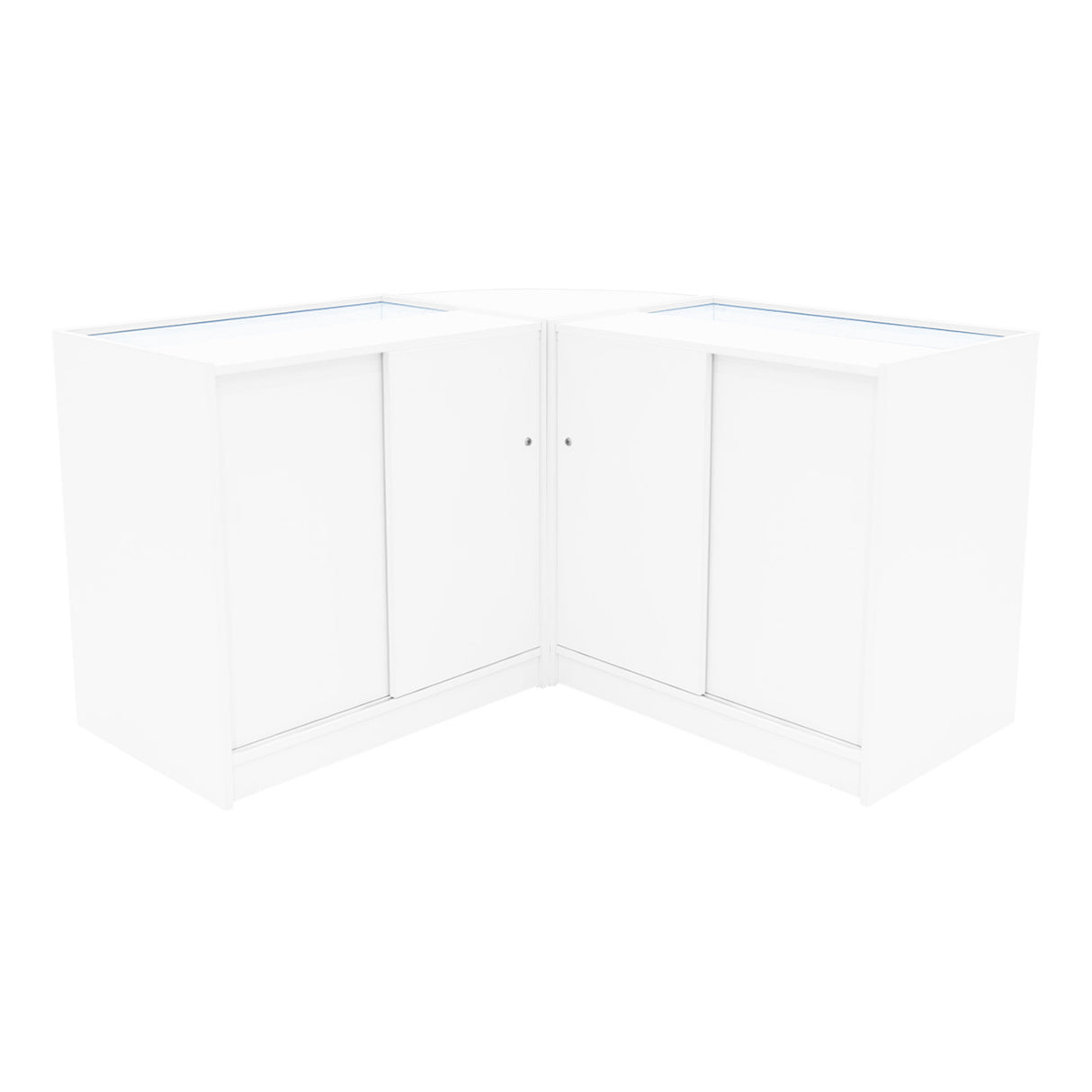 Eckverkaufstheke aus weißem MDF mit gläserner Oberseite, zwei Schiebetüren und modernem, minimalistischen Design für Verkaufsräume