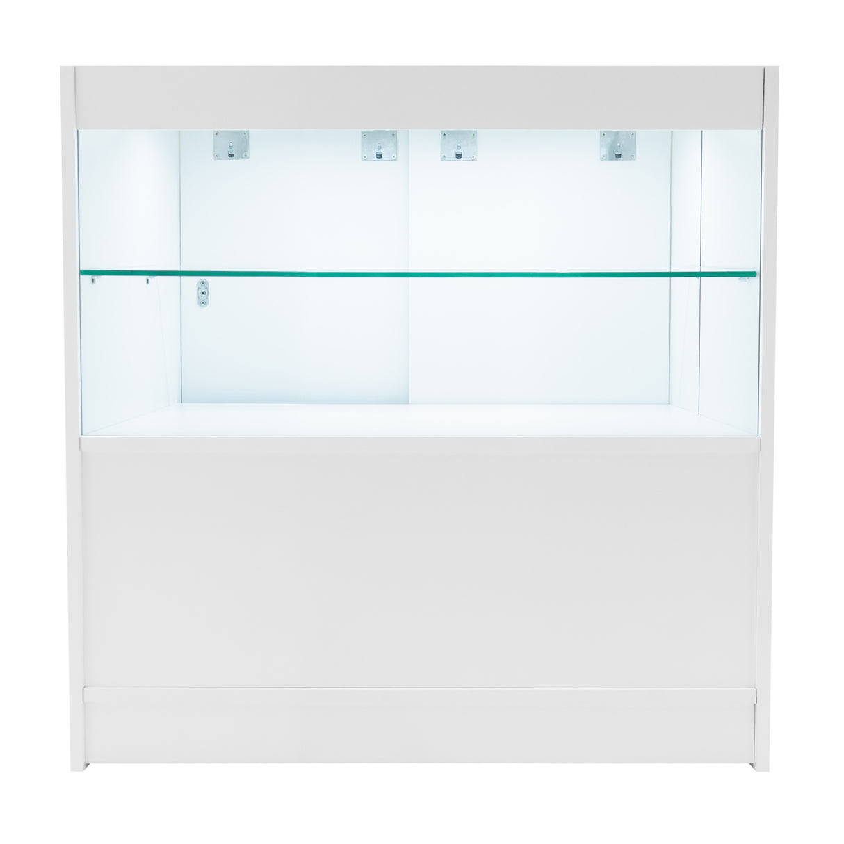 Weißes Selene LED Verkaufstheken-Set mit zwei Glasregalen, modernem Design und sanfter Beleuchtung für ansprechende Produktpräsentation