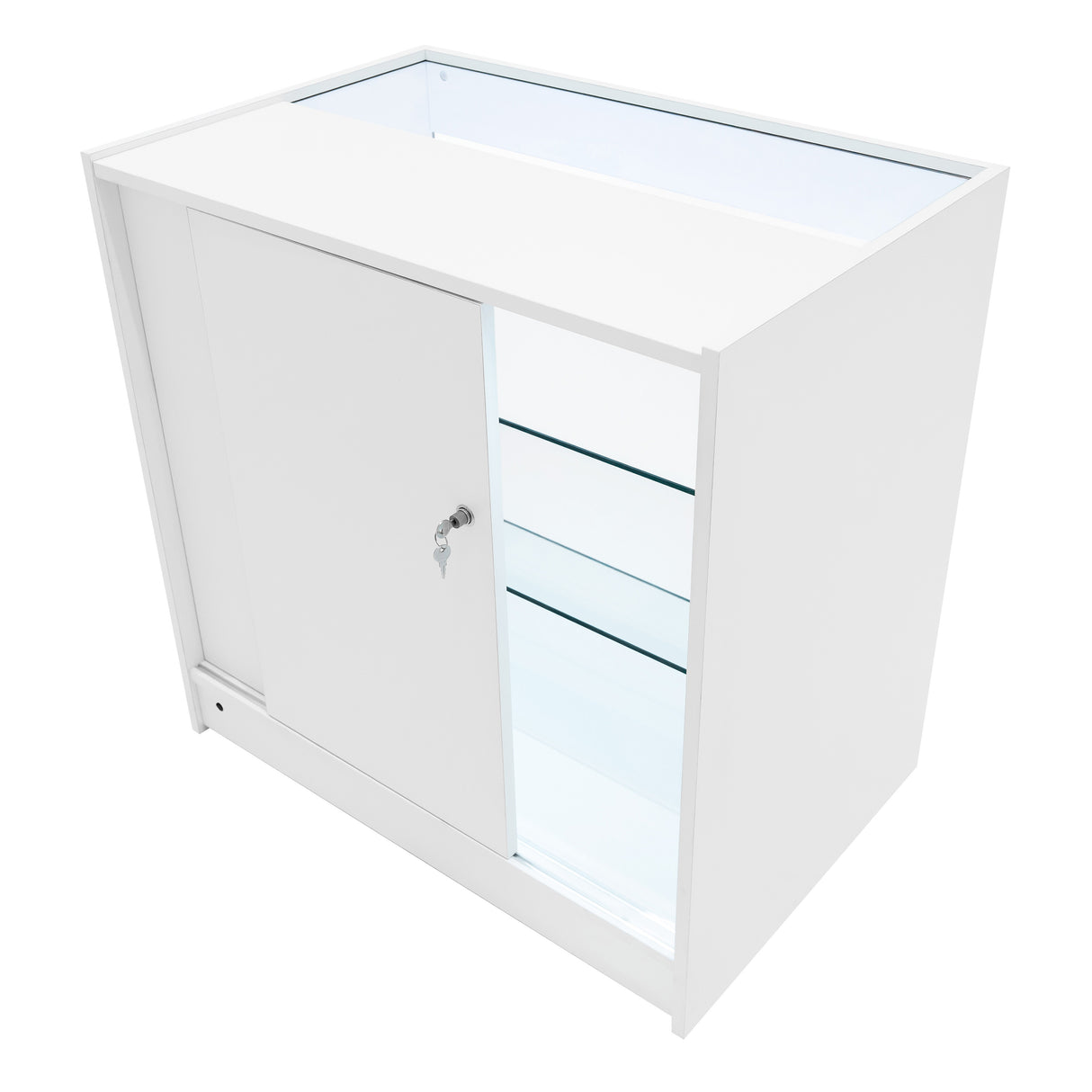 Weißes LED-Verkaufstheken-Set mit gläsernen Regalen, abschließbarem Schrank und modernem, minimalistischen Design für ansprechende Präsentation