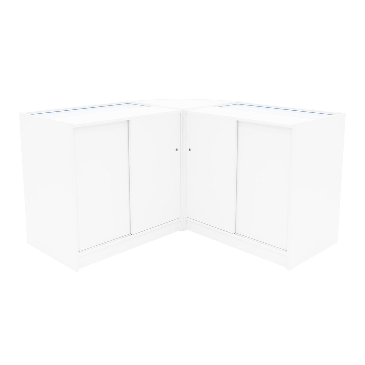 Zwei weiße LED Verkaufstheken im modernen Design, mit glatten Oberflächen und transparenten Glasabdeckungen, ideal für Verkaufsräume und Ausstellungen