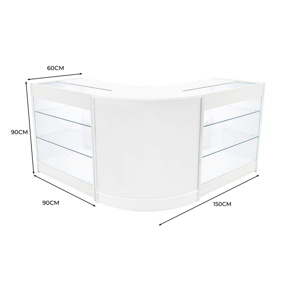 Elegantes, weißes LED-Verkaufstheken-Set mit zwei gebogenen Modulen, Glasregalen und modernen, klaren Linien, ideal für Verkaufsräume