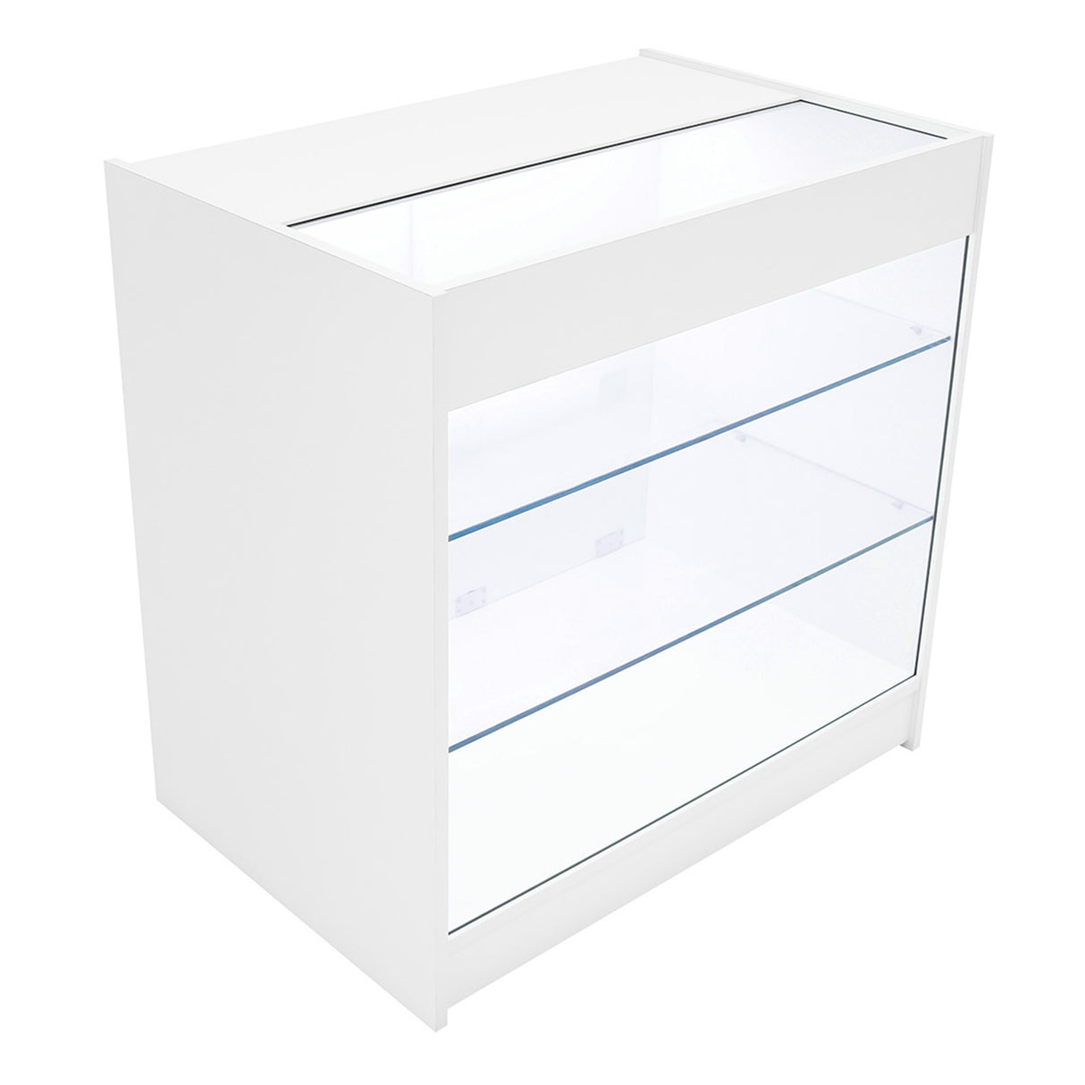 Weißes Verkaufstheken-Set mit zwei transparenten Glaseinlegeböden, modernem Design und glatter Oberfläche, ideal für Verkaufsräume