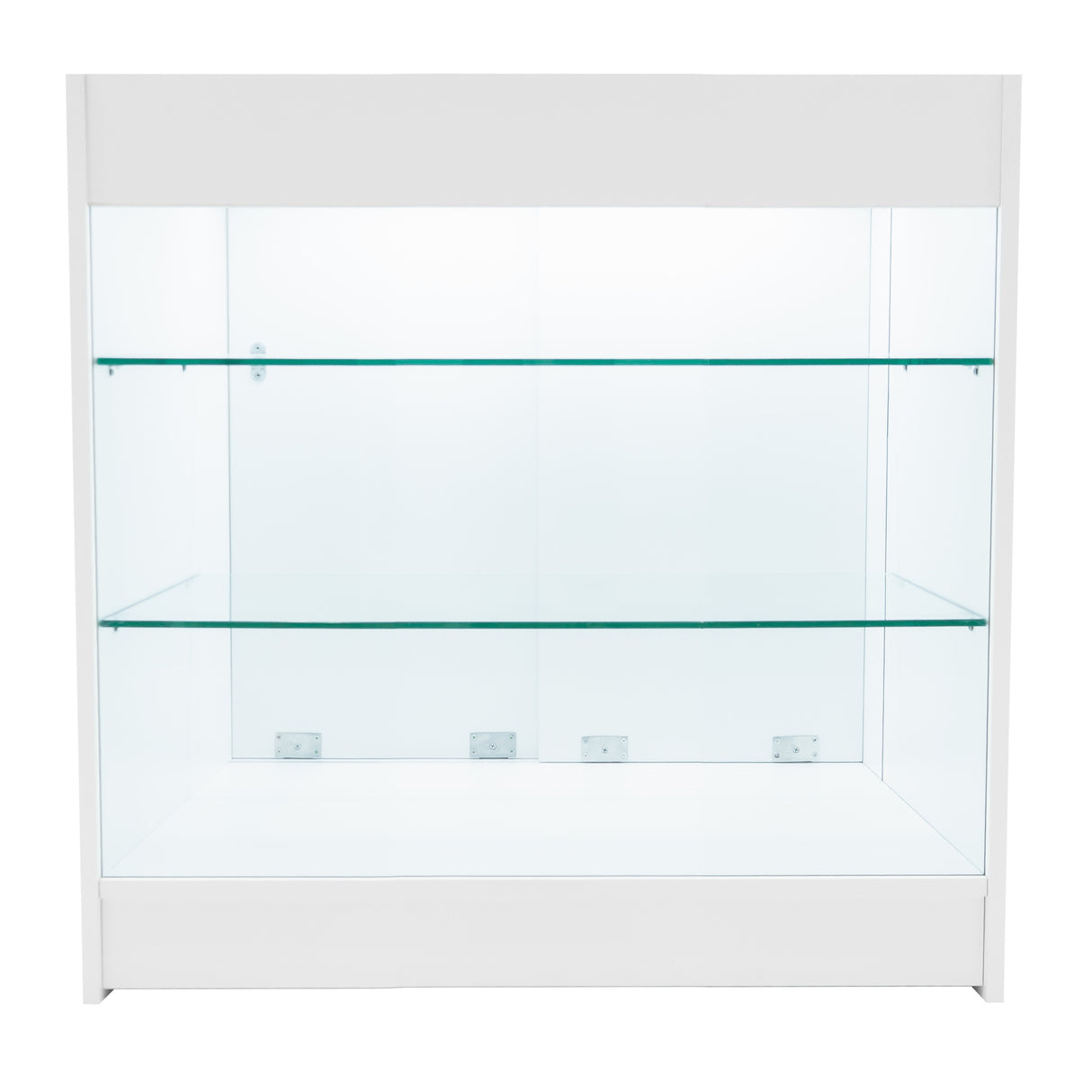 Weißes LED Verkaufstheken-Set mit zwei Glasregalen, modernem Design und klaren Linien, ideal für die Präsentation von Produkten