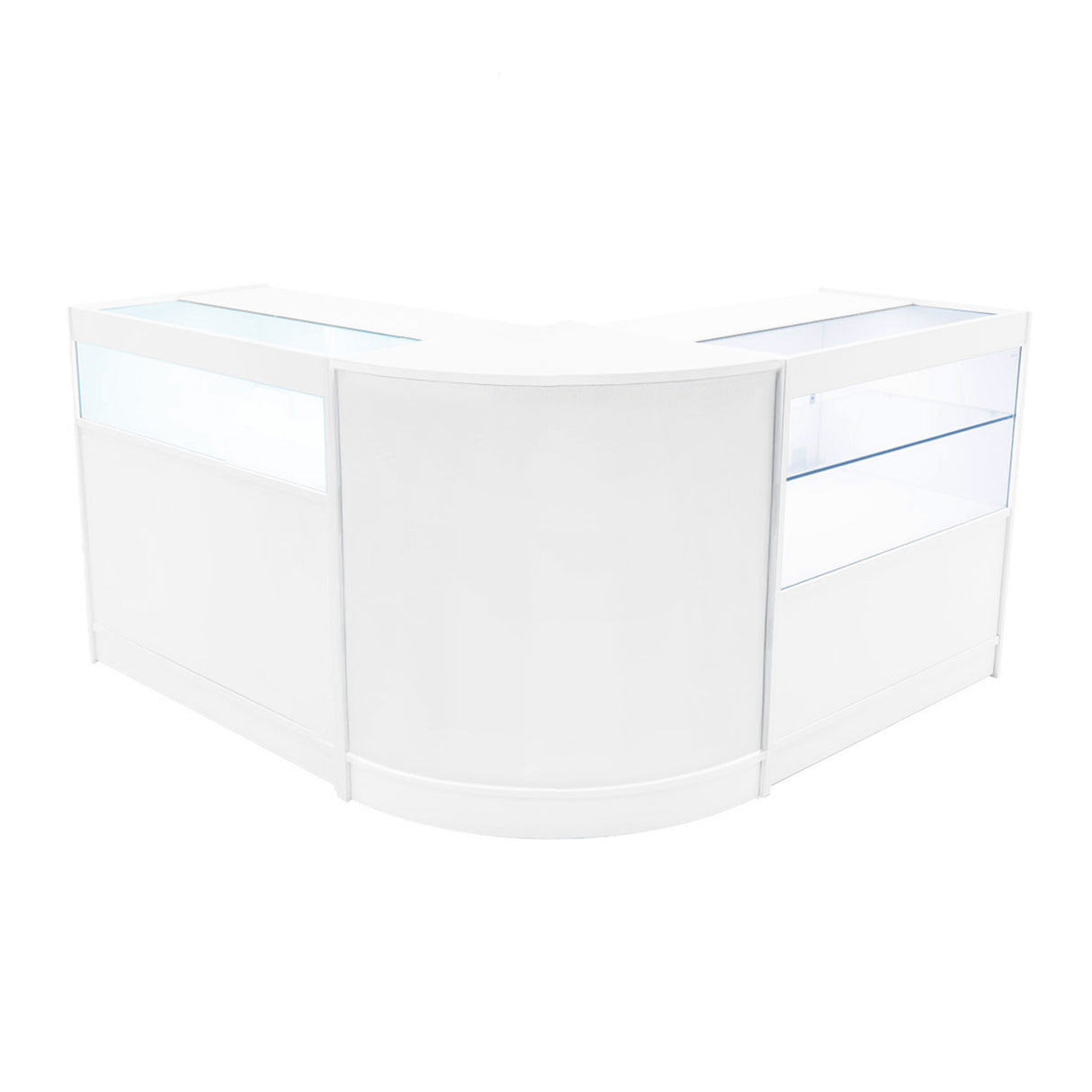 Elegante, weiße LED Ladentheke mit abgerundeten Ecken, Glasvitrinen und klaren Linien, ideal für moderne Verkaufsräume und Ausstellungen