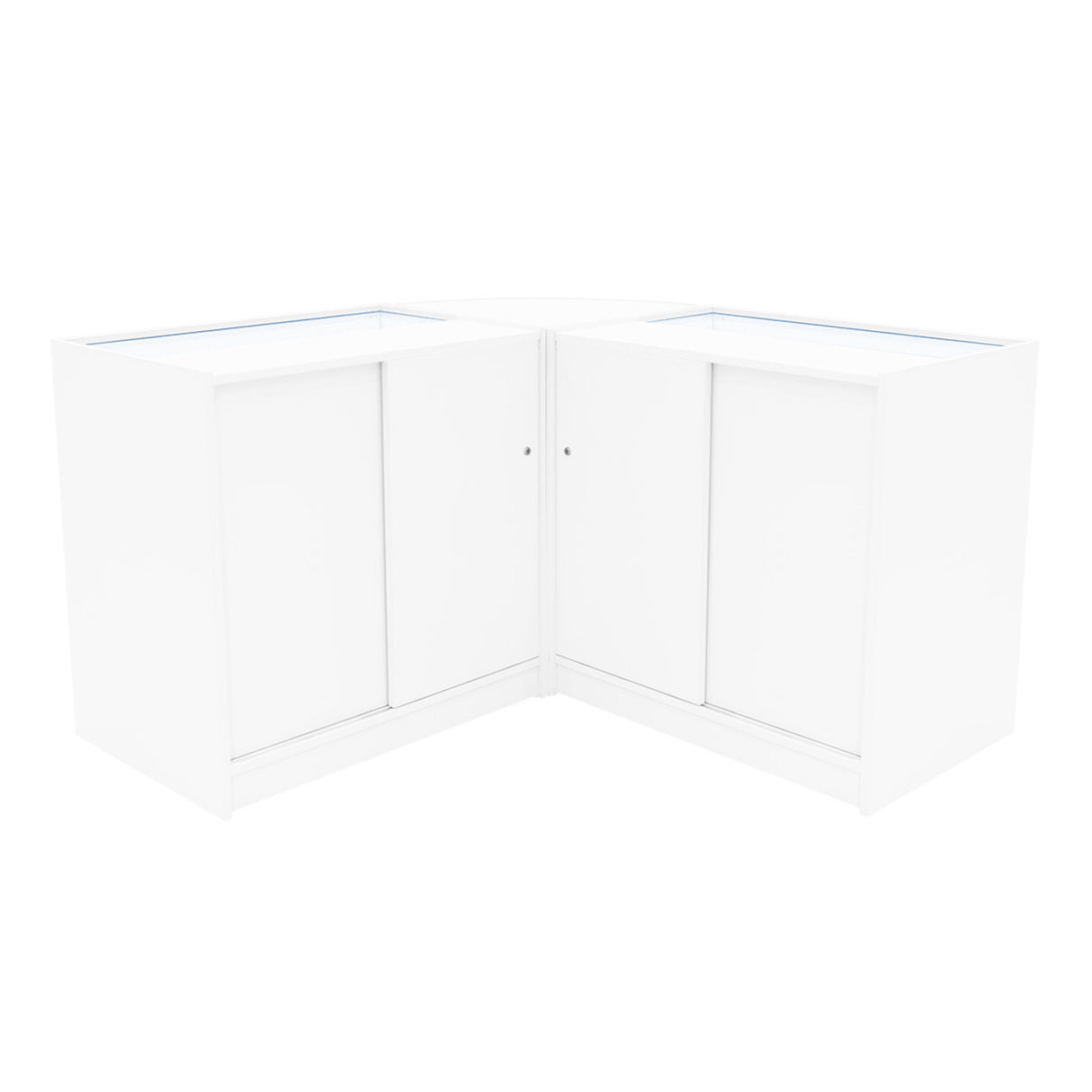 Eckige, weiße LED Ladentheke aus hochwertigem Material mit glatten Oberflächen und transparenten Glasabdeckungen, ideal für Verkaufsräume