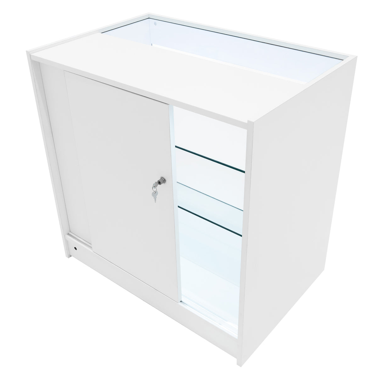 Hera LED Verkaufstheken-Set in Weiß, modernes Design mit gläsernen Regalen, abschließbaret Tür und integrierter Beleuchtung für optimale Präsentation