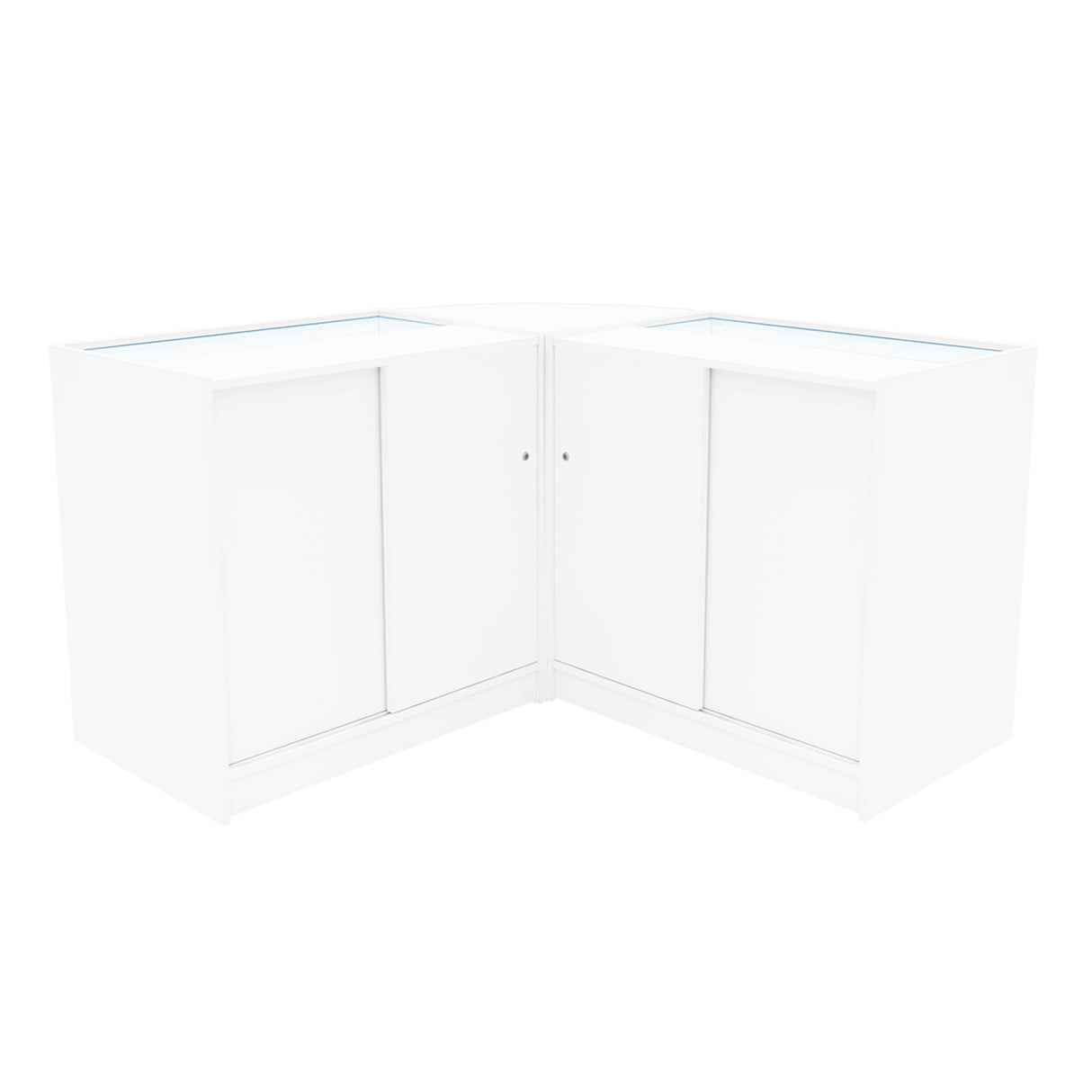 Hera LED Verkaufstheken-Set in Weiß, bestehend aus zwei eleganten, modernen Theken mit gläsernen Oberflächen und geschlossenen Fächern für optimalen Stauraum