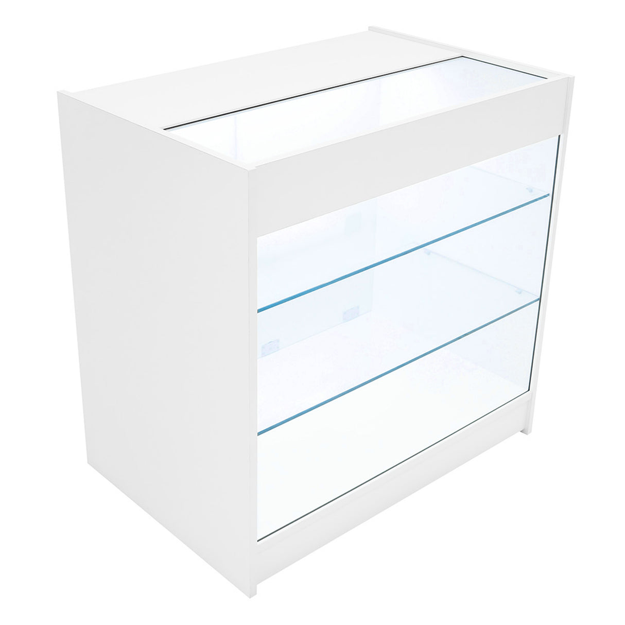Weißes LED Verkaufstheken-Set mit gläsernen Regalen, modernem Design und klaren Linien, ideal für die Präsentation von Produkten