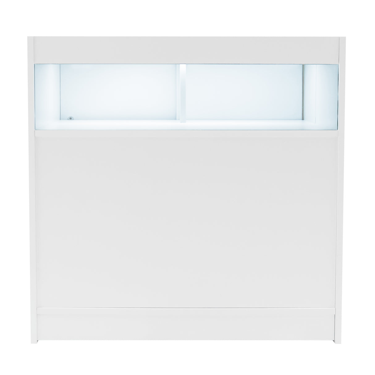 Weißes LED-Verkaufstheken-Set mit zwei Einheiten, glatte Oberfläche, integrierte Beleuchtung und modernes, minimalistisches Design