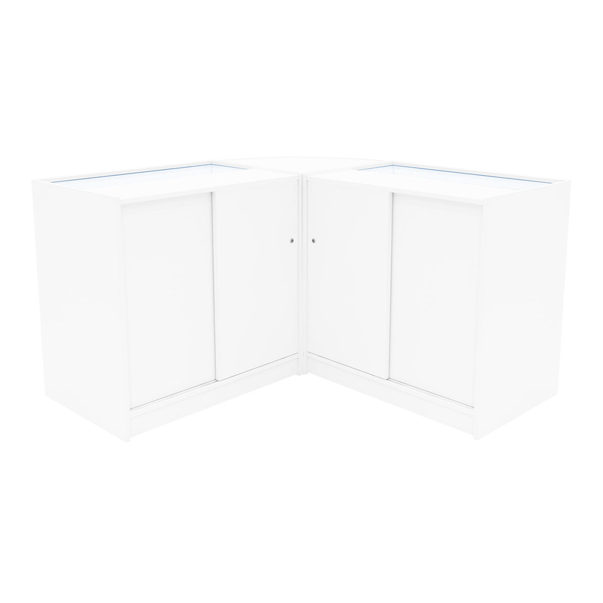 Eckige Verkaufstheke aus weißem Material mit Glasoberfläche, zwei Schiebetüren und modernem Design, ideal für Verkaufsräume und Ausstellungen