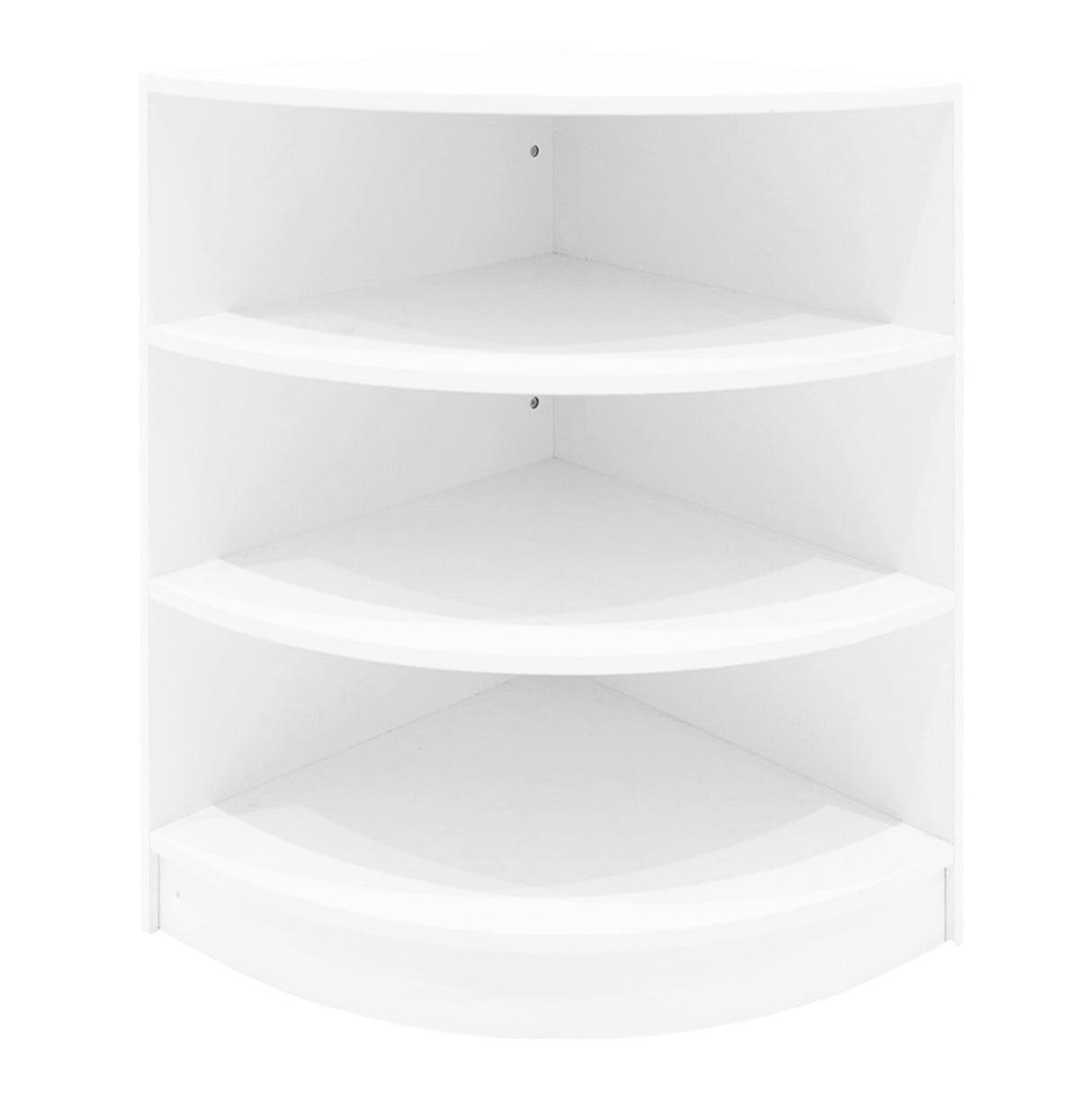 Eckige, weiße LED-Verkaufstheke mit vier offenen Regalen, glatter Oberfläche und modernem Design, ideal für Verkaufsräume und Ausstellungen