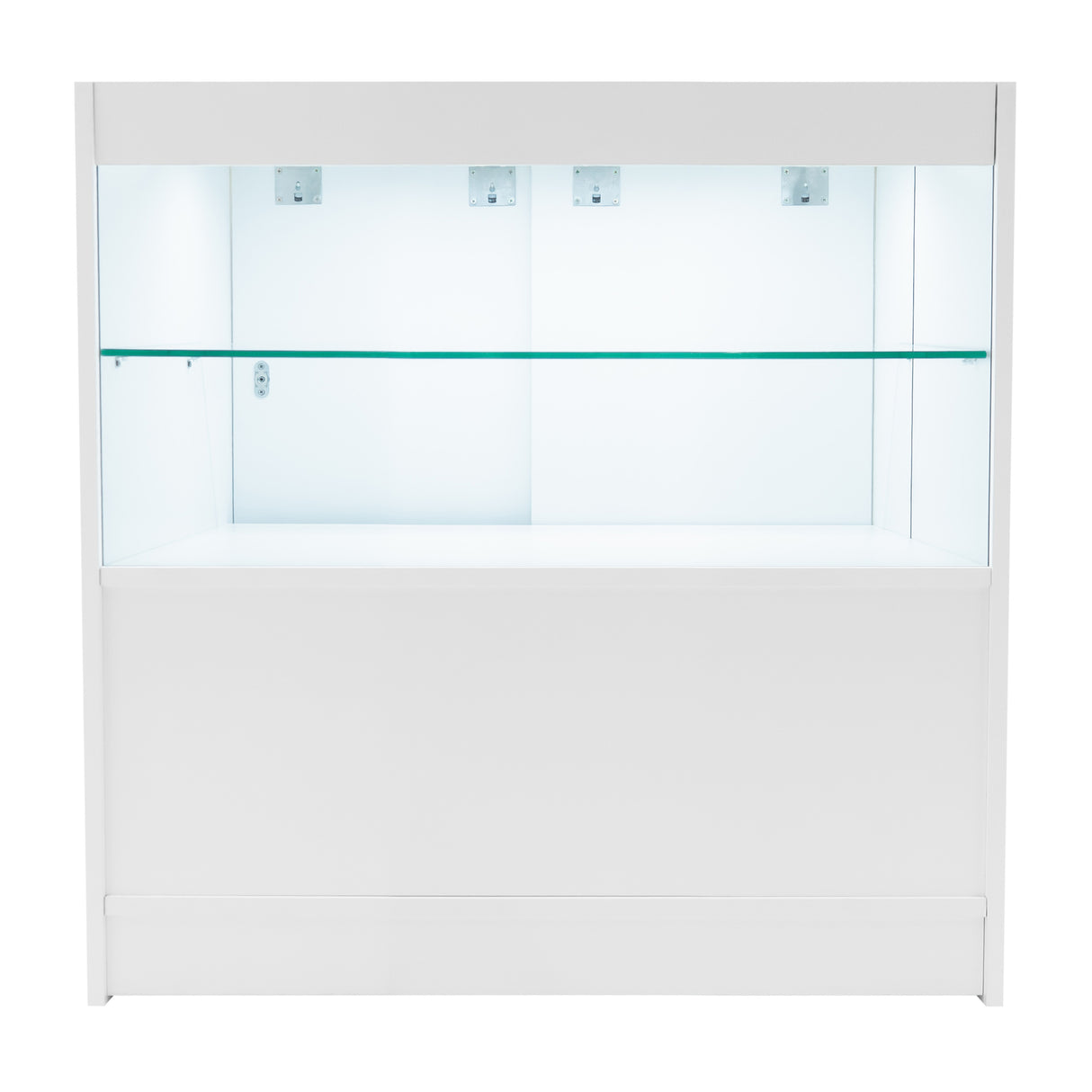 Weißes Andromeda LED Verkaufstheken-Set mit zwei Regalen, Glasablage und beleuchtetem Innenraum für optimale Produktpräsentation