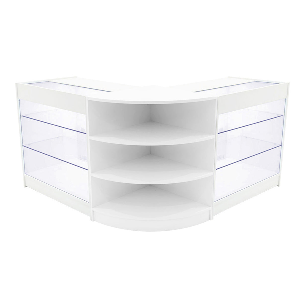 Elegantes, weißes Verkaufstheken-Set mit transparenten Glasflächen und abgerundeten Ecken, ideal für die Präsentation von Produkten in Geschäften