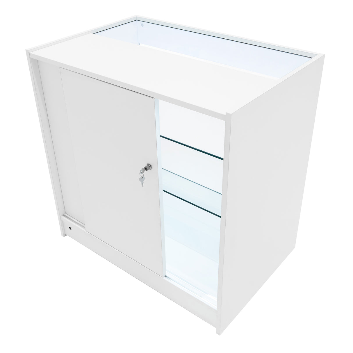 Weißes Verkaufstheken-Set mit LED-Beleuchtung, gläsernen Regalen und abschließbarem Schrank, ideal für Präsentationen und Verkaufsräume