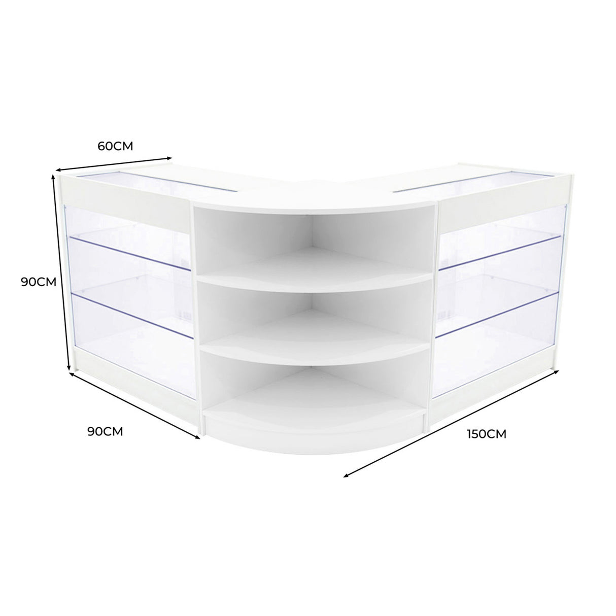 Elegantes, weißes LED-Verkaufstheken-Set mit zwei gebogenen Theken, transparenten Regalen und modernen, klaren Linien, ideal für Verkaufsräume