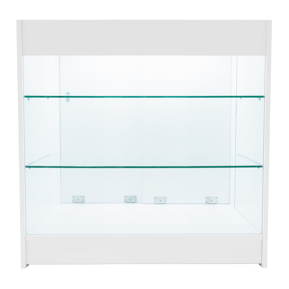 Weißes Verkaufstheken-Set mit zwei Glasregalen, modernem Design und klaren Linien, ideal für die Präsentation von Produkten in Geschäften