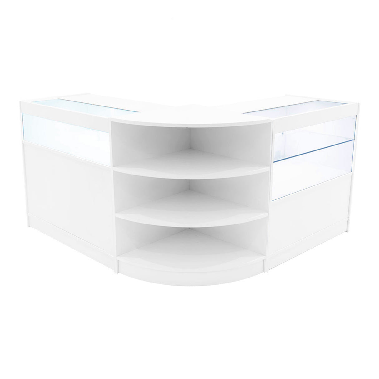 Harmonia LED Verkaufstheken-Set in Weiß, mit glatten Oberflächen, klaren Glasvitrinen und eleganten, abgerundeten Kanten für modernen Einzelhandel