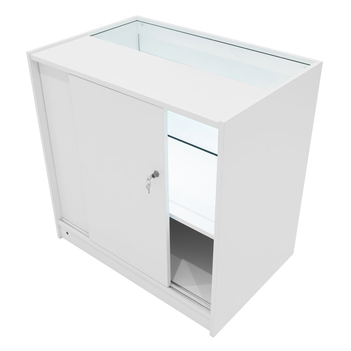 Harmonia LED Verkaufstheken-Set in Weiß mit gläserner Oberseite, Schiebetüren und integrierter Beleuchtung für ansprechende Produktpräsentation
