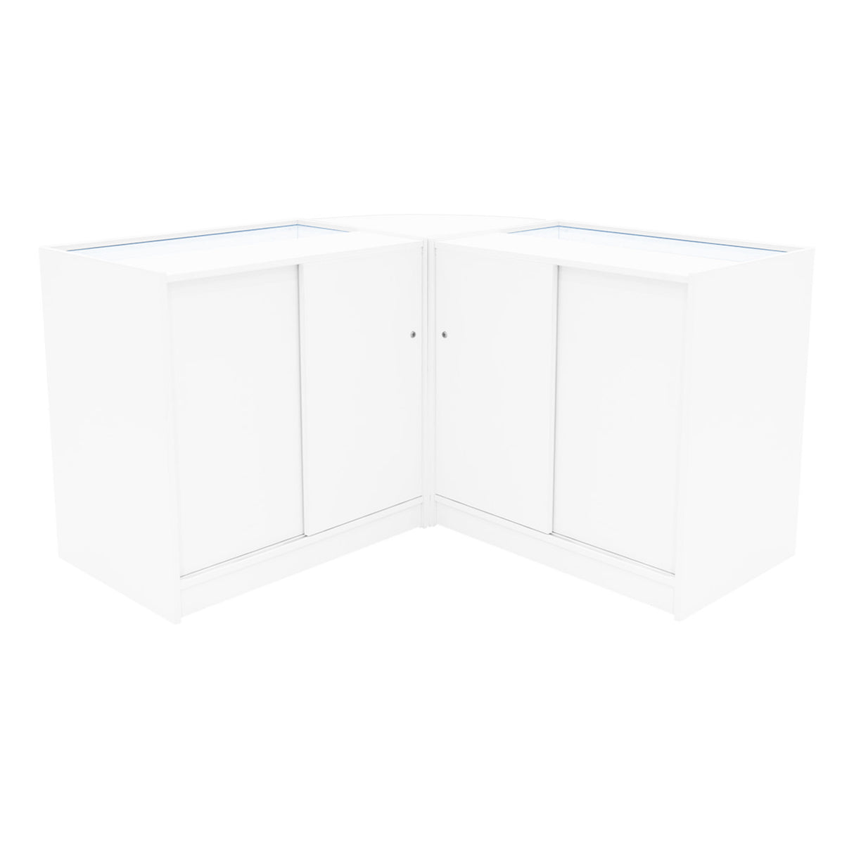 Harmonia LED Verkaufstheken-Set in elegantem Weiß, mit glatten Oberflächen, abgerundeten Kanten und integrierter Beleuchtung für eine ansprechende Präsentation