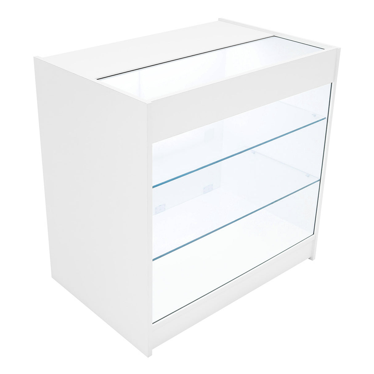 Weißes Verkaufstheken-Set mit gläsernen Regalen, eleganter, moderner Design und klaren Linien, ideal für die Präsentation von Produkten