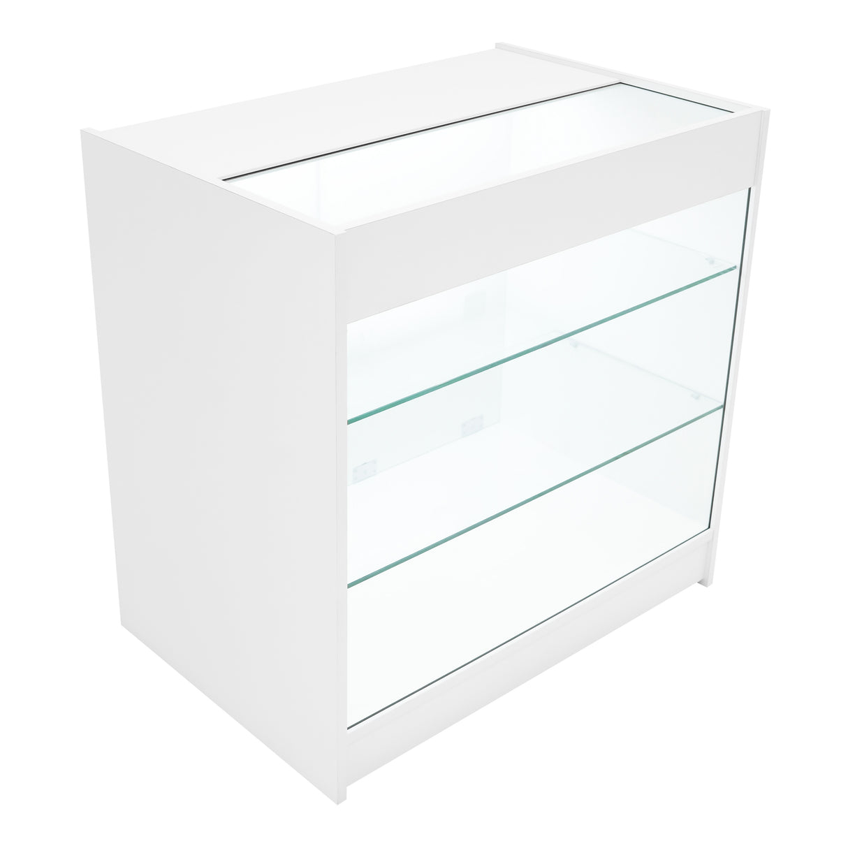 Weißes LED Verkaufstheken-Set mit zwei Glastüren, drei transparenten Regalen und modernem, minimalistischen Design für optimale Produktpräsentation