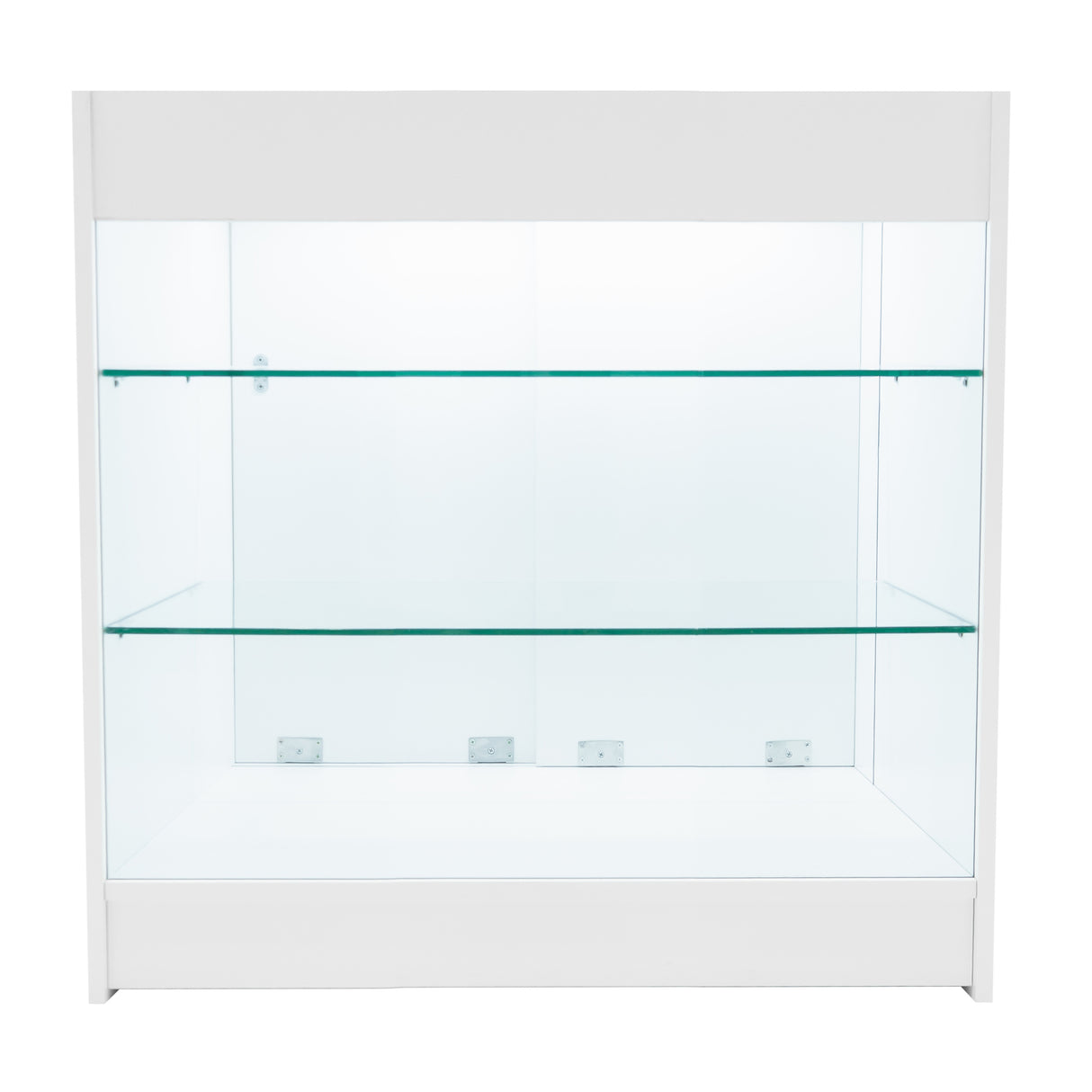 Weißes LED Verkaufstheken-Set mit zwei transparenten Glasregalen, modernem Design und glatter Oberfläche, ideal für die Präsentation von Produkten