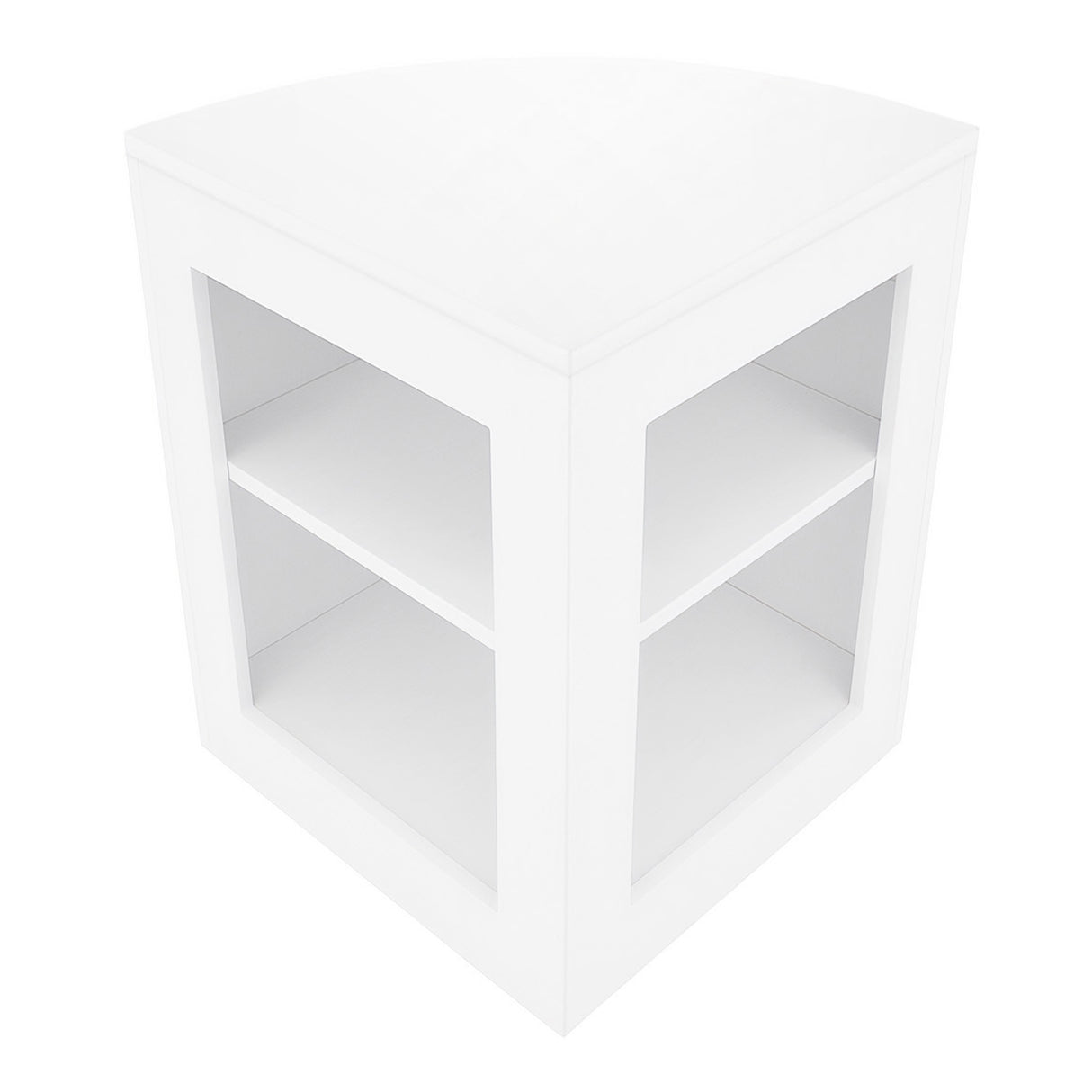 Eckiger, weißer Verkaufstisch mit zwei offenen Regalen, glatte Oberfläche und moderne, minimalistische Form, ideal für Ausstellungen oder Verkaufsräume