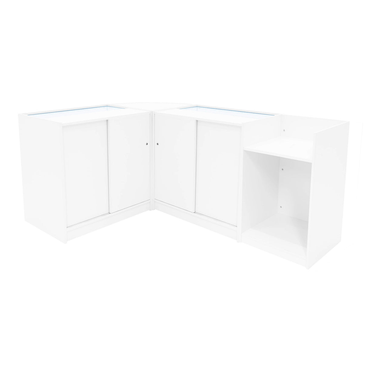 Elegantes, weißes LED Verkaufstheken-Set mit zwei Ecken und einem offenen Regal, ideal für moderne Verkaufsräume und Ausstellungen