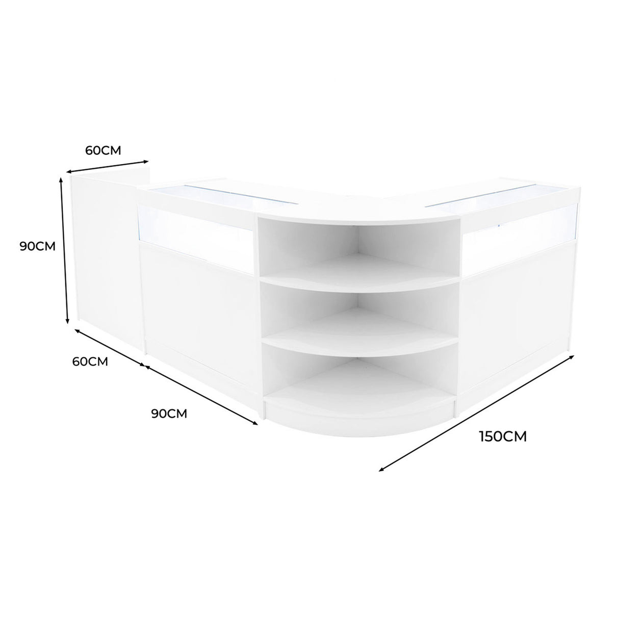 Elegantes, weißes LED-Verkaufstheken-Set mit abgerundeten Kanten, drei offenen Regalen und klaren Glasflächen, ideal für moderne Verkaufsräume