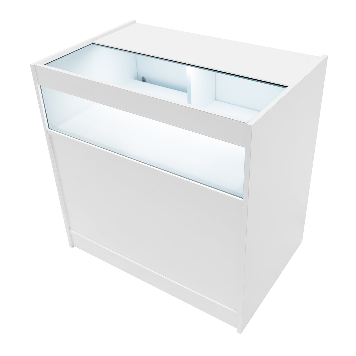 Weißes LED Verkaufstheken-Set mit Glasoberfläche, modernem Design und integrierter Beleuchtung, ideal für den Einzelhandel und Ausstellungen