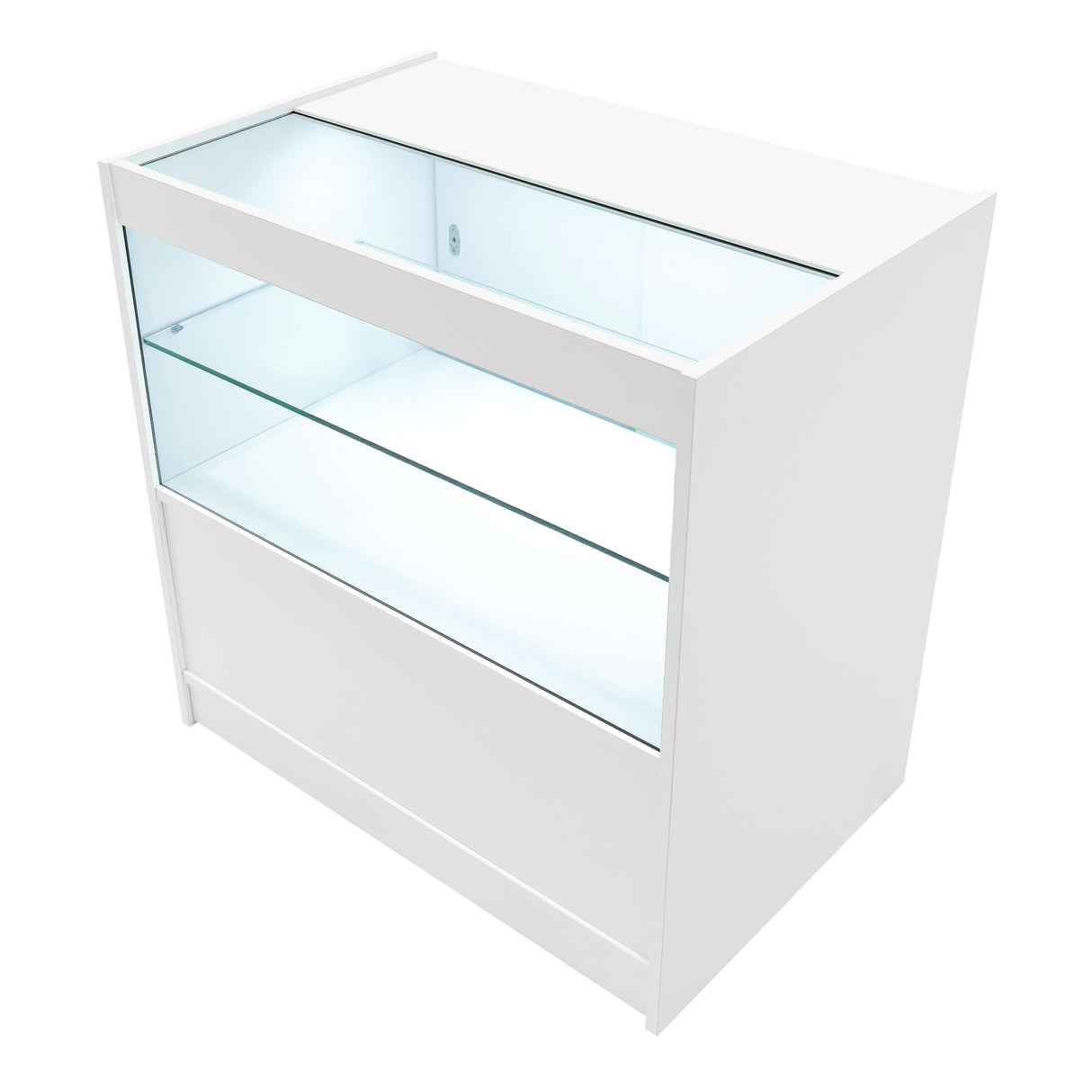 Elegantes Verkaufstheken-Set in Weiß mit gläserner Vitrine, LED-Beleuchtung und modernem, minimalistischen Design für ansprechende Produktpräsentation