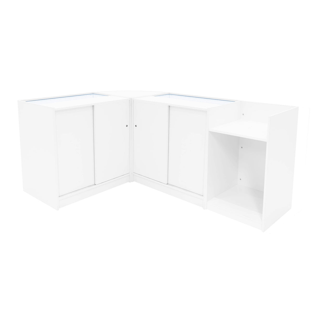Eckverkaufsregal-Set in Weiß, bestehend aus zwei LED-beleuchteten Vitrinen mit glatten Oberflächen, ideal für die Präsentation von Produkten