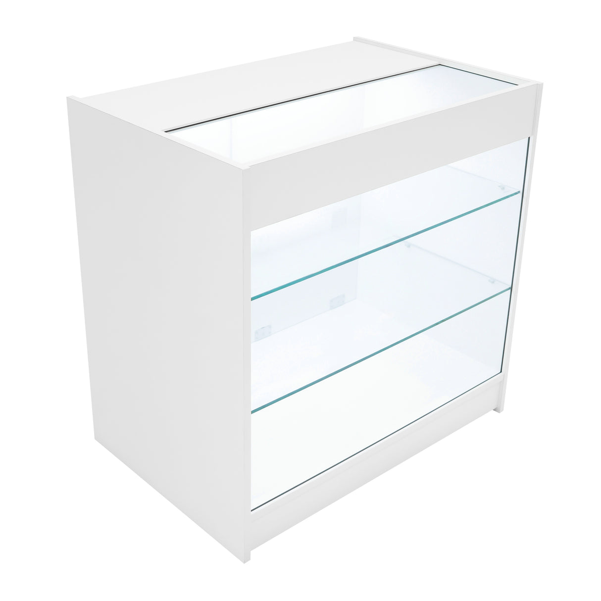 Weißes Verkaufstheken-Set mit zwei Glaseinlegeböden, elegant und modern, ideal für die Präsentation von Produkten in Geschäften oder Messen