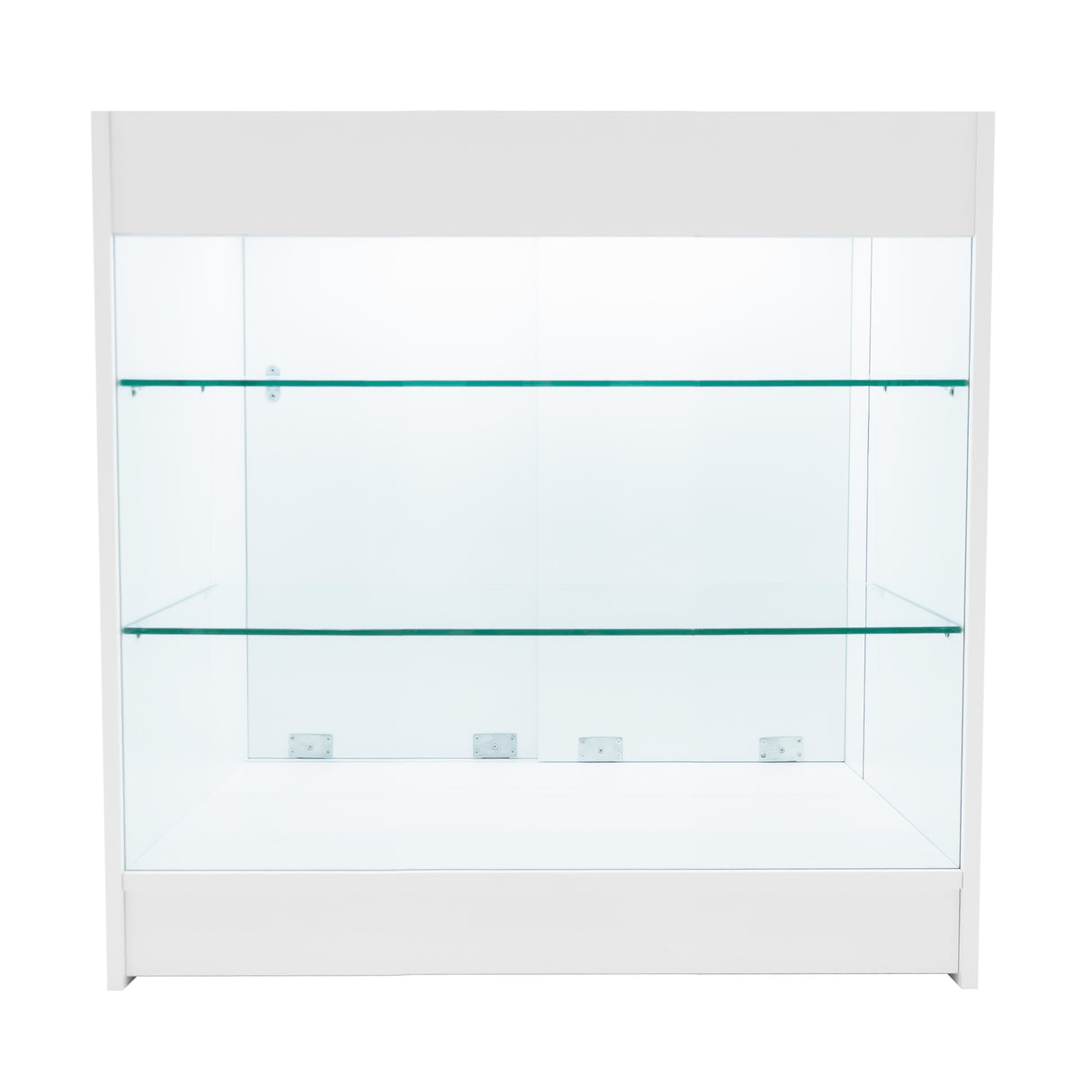 Weißes Verkaufstheken-Set mit zwei Glasregalen, elegant und modern, ideal für die Präsentation von Produkten in Geschäften oder Messen