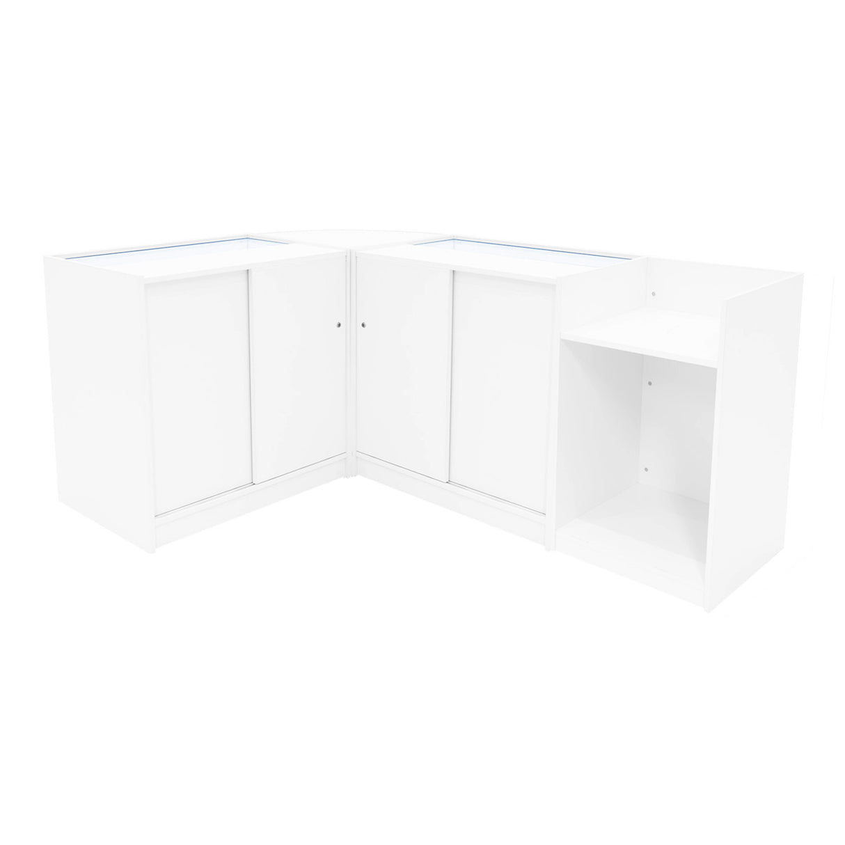 Weißes Verkaufstheken-Set mit zwei Vitrinen und einem offenen Regal, ideal für die Präsentation von Produkten in einem modernen Verkaufsraum
