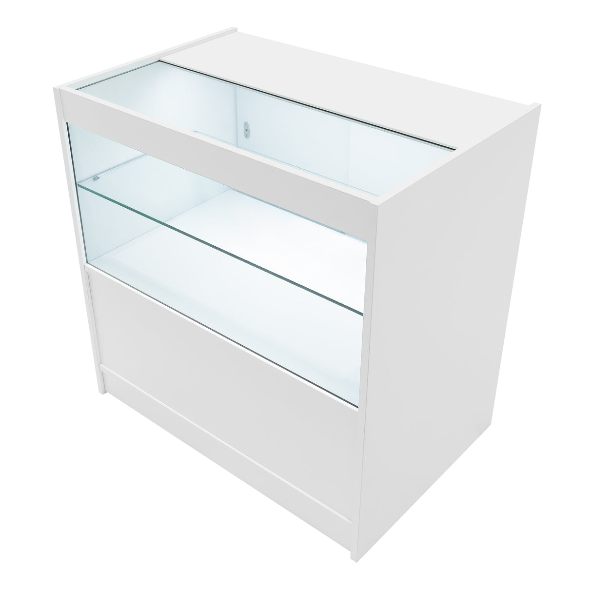 Weißes LED Verkaufstheken-Set mit klaren Glasflächen, modernem Design und beleuchtetem Innenraum, ideal für ansprechende Produktpräsentationen