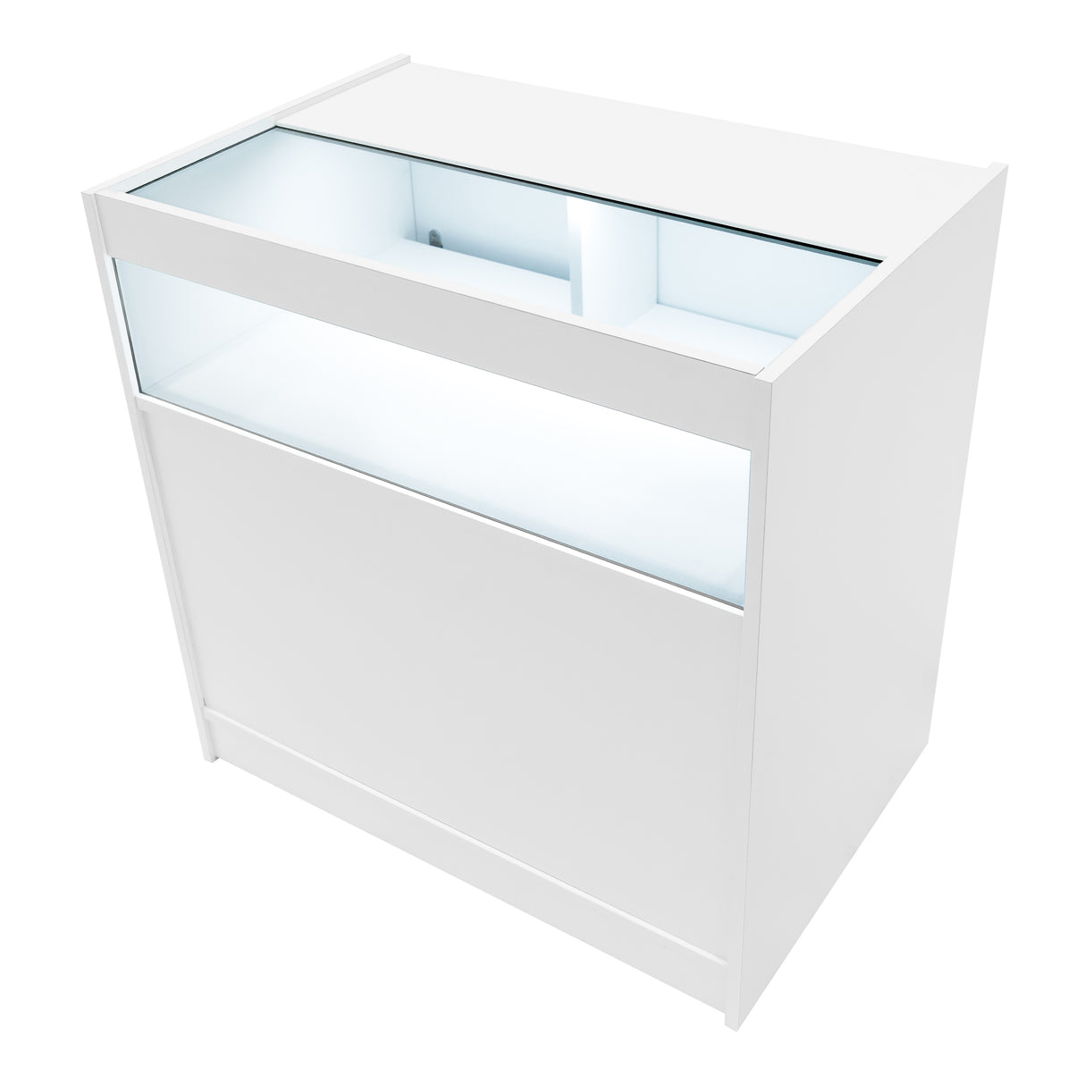 Weißes Verkaufstheken-Set mit LED-Beleuchtung, klaren Glasflächen und modernem, minimalistischen Design, ideal für Einzelhandelsumgebungen
