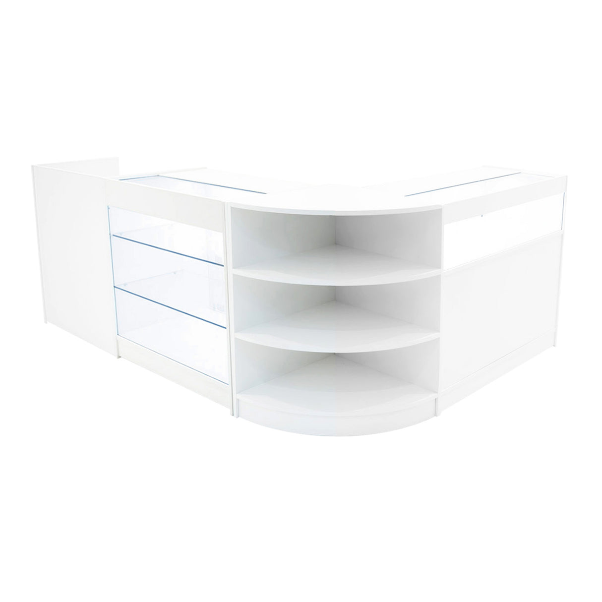 Elegantes Verkaufstheken-Set in Weiß mit glatten Oberflächen, klaren Glasregalen und abgerundeten Kanten, ideal für moderne Verkaufsräume