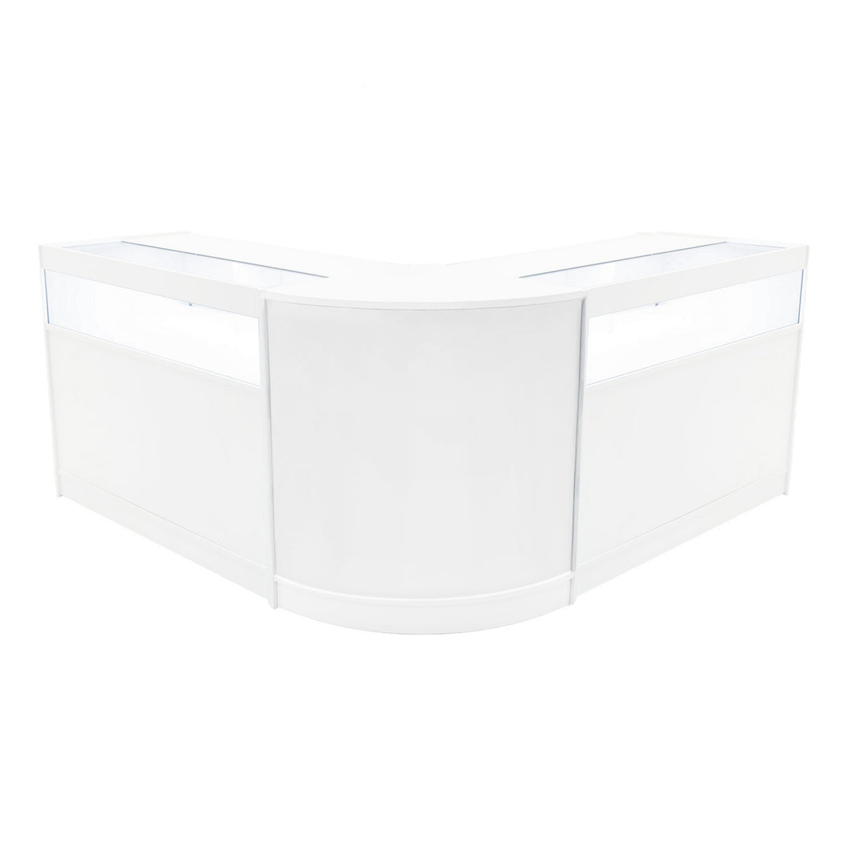Elegantes, weißes Verkaufstheken-Set mit abgerundeten Kanten, ideal für den Einzelhandel, mit klaren Glasflächen für optimale Sichtbarkeit der Produkte