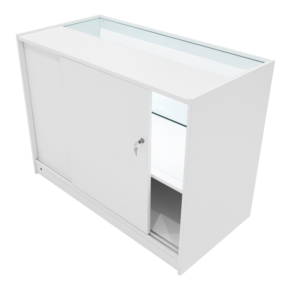 Weißes LED Verkaufstheken-Set mit gläserner Oberseite, zwei Schiebetüren und einem eleganten, modernen Design, ideal für Ausstellungen und Verkaufsräume
