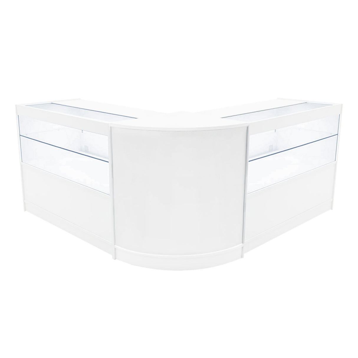 Elegantes, weißes LED-Verkaufstheken-Set mit zwei Vitrinen, abgerundeten Kanten und klaren Glasflächen für optimale Produktpräsentation