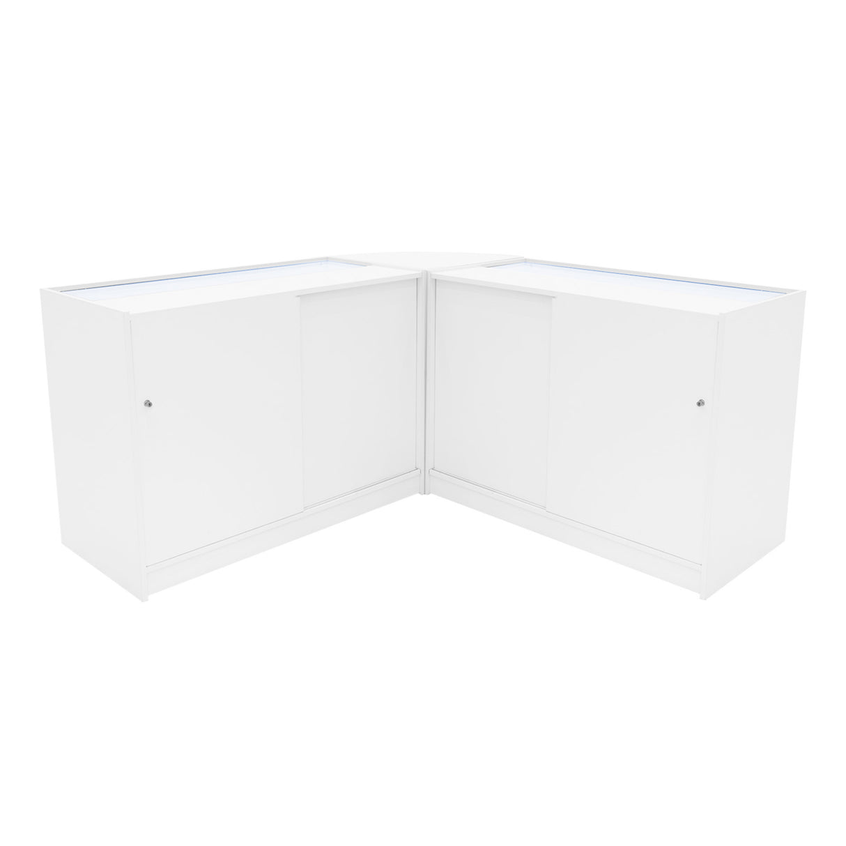 Weißes Selene LED Verkaufstheken-Set mit zwei Ecken, glatte Oberflächen, integrierte LED-Beleuchtung und moderne, minimalistische Form