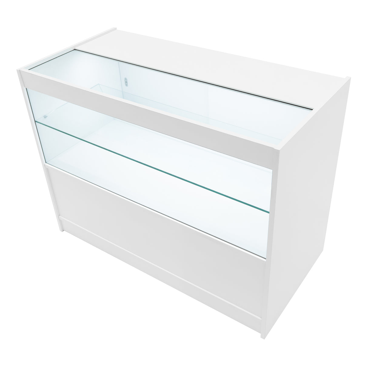 Weißes LED Verkaufstheken-Set mit gläserner Front, zwei Regalen und modernem, minimalistischen Design, ideal für Verkaufsräume und Ausstellungen