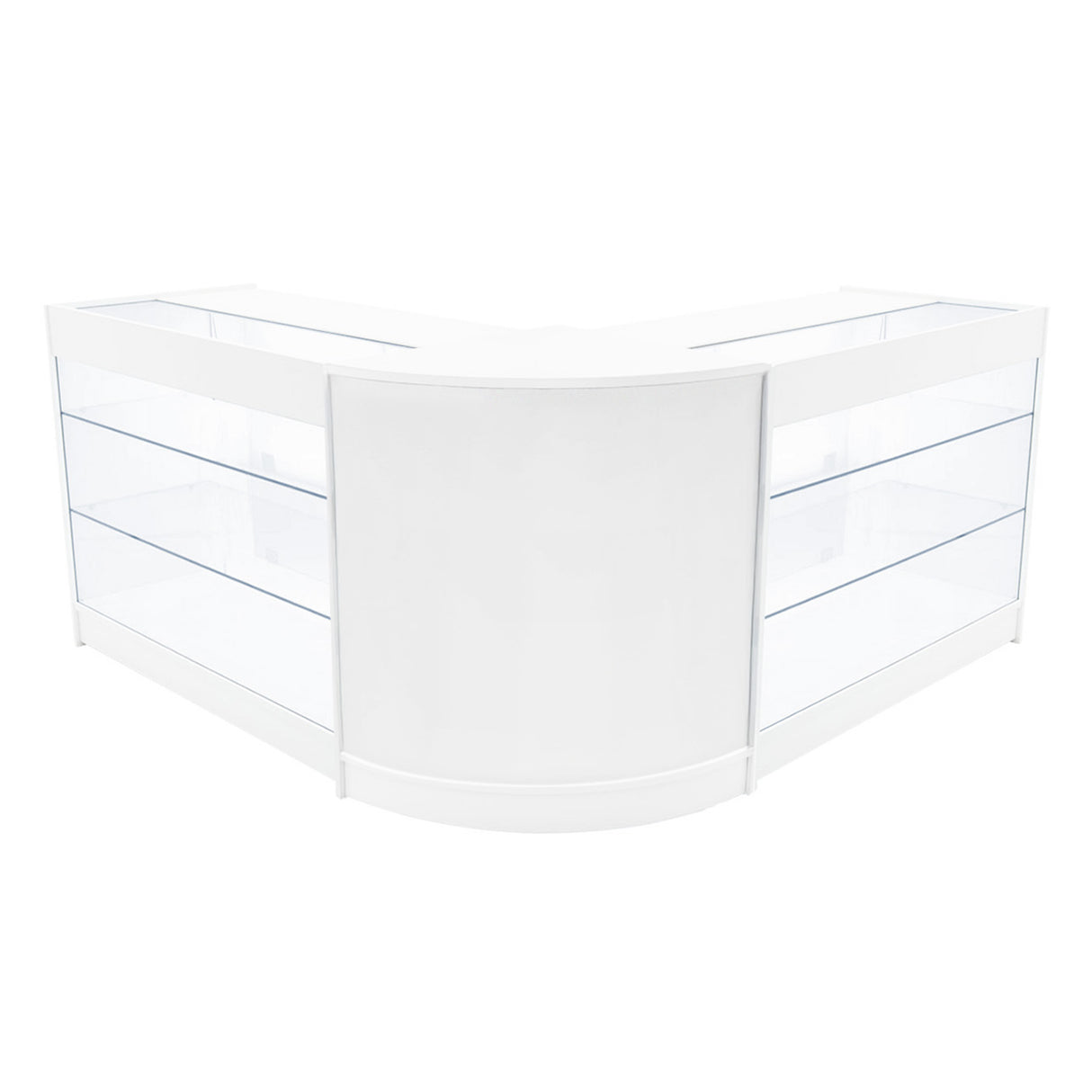 Elegantes, weißes Verkaufstheken-Set mit zwei Ecken, transparenten Glasregalen und glatter Oberfläche, ideal für moderne Verkaufsräume