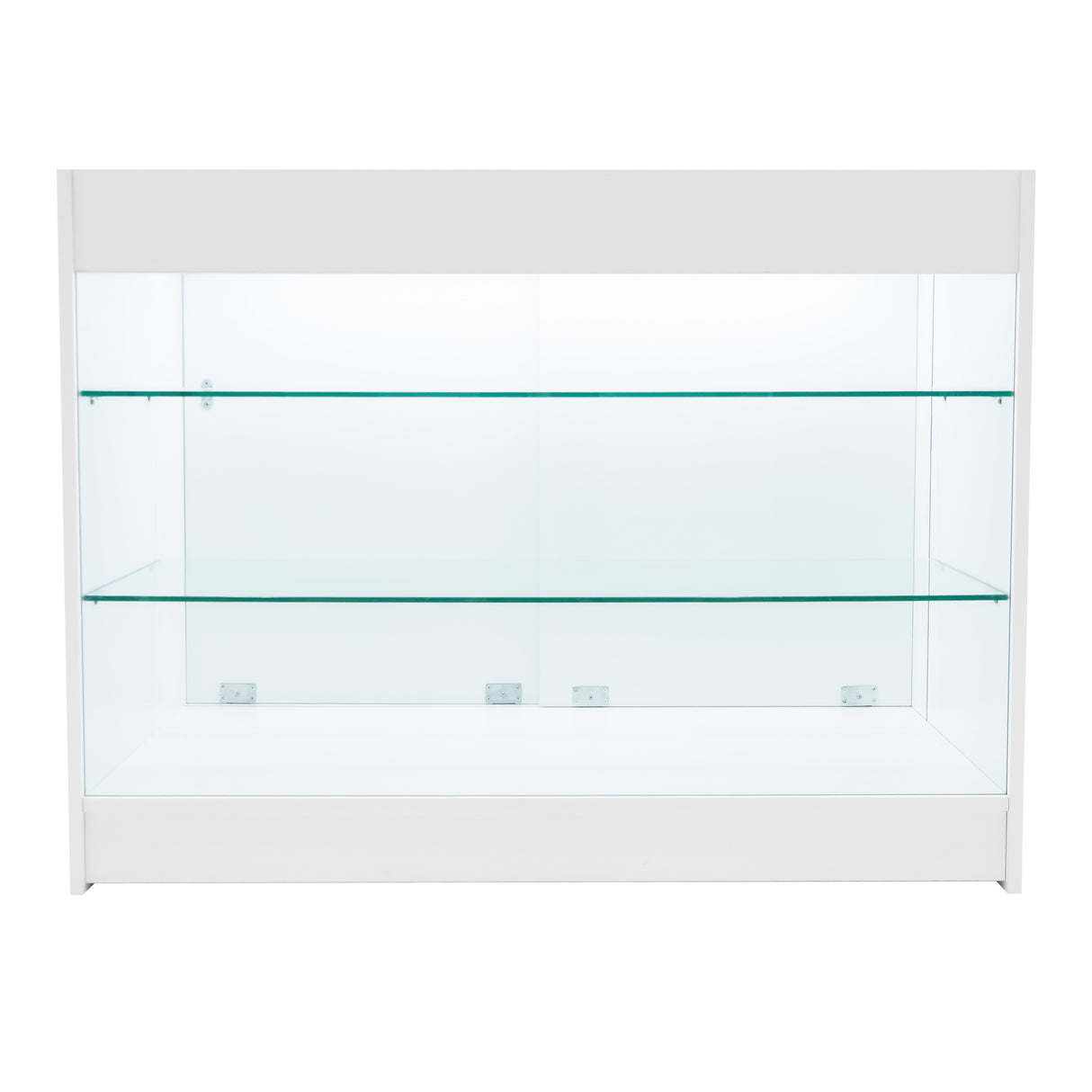 Weißes LED Verkaufstheken-Set mit zwei Regalen aus Glas, elegantes Design, klare Linien und moderne Beleuchtung für ansprechende Produktpräsentation