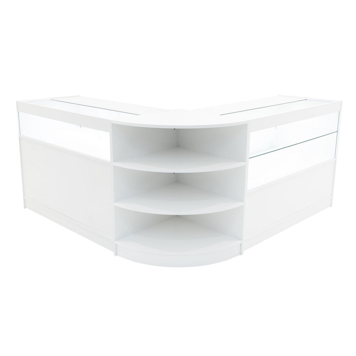 Elegantes, weißes Harmonia LED Verkaufstheken-Set mit gläsernen Vitrinen, abgerundeten Kanten und offenen Regalen für optimale Präsentation