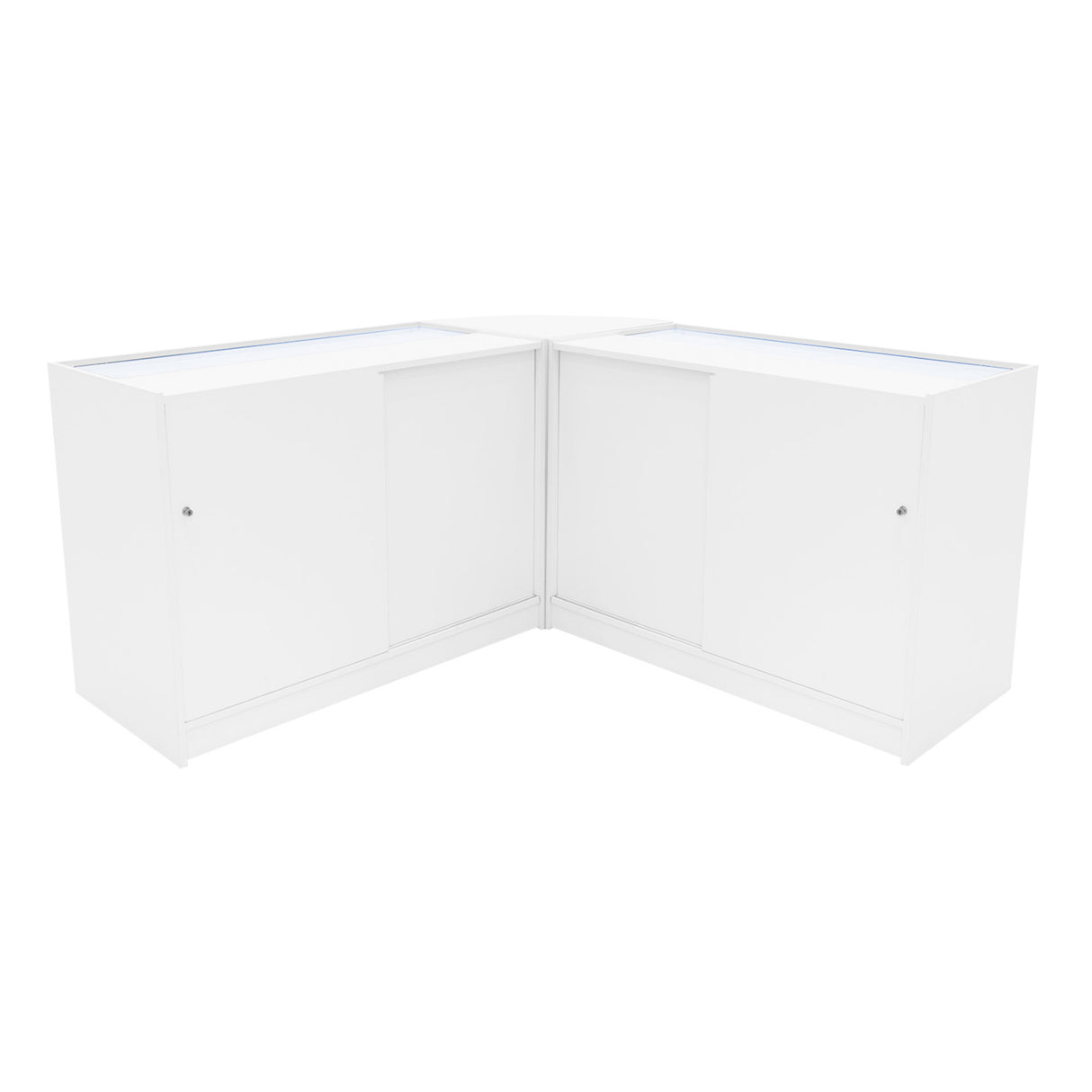 Harmonia LED Verkaufstheken-Set in Weiß, bestehend aus zwei Ecken mit glatten Oberflächen, integrierter Beleuchtung und eleganten, modernen Linien
