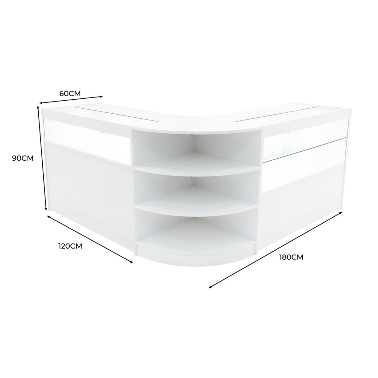 Harmonia LED Verkaufstheken-Set in Weiß, mit glatten Oberflächen, abgerundeten Kanten und mehreren Regalen für optimale Präsentation und Stauraum