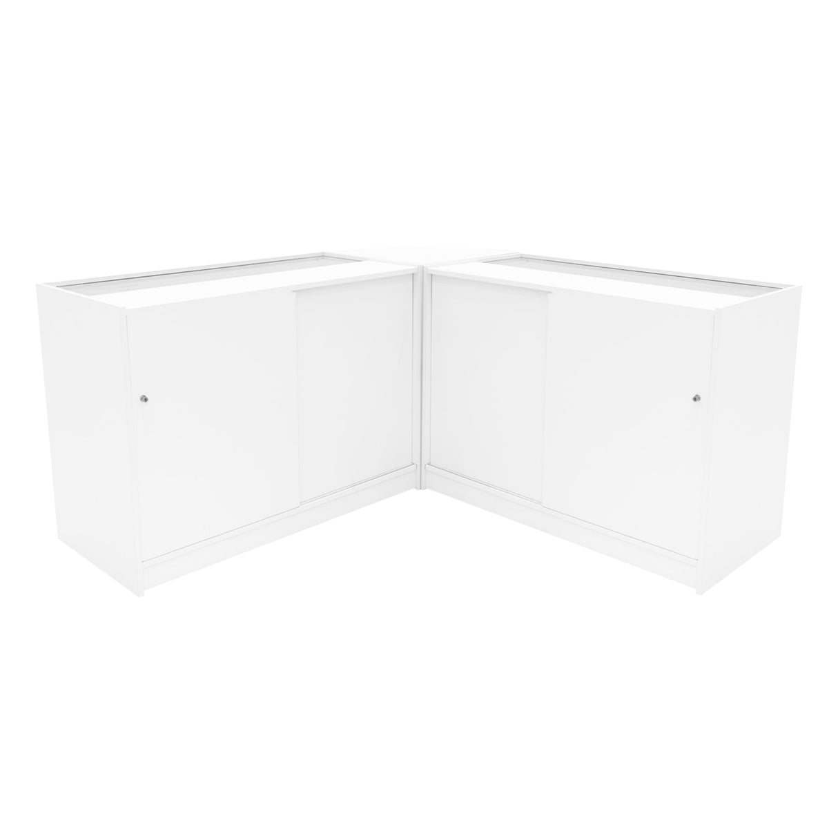 Eckverkaufstheke in elegantem Weiß, mit glatten Oberflächen und modernen, minimalistischen Linien, ideal für Verkaufsräume und Ausstellungen