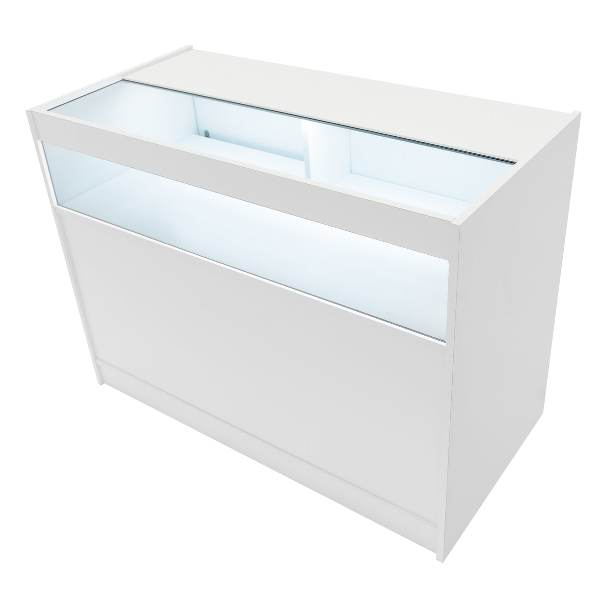 Elegante, weiße LED-Verkaufstheke mit gläserner Oberseite und beleuchtetem Innenraum, ideal für moderne Verkaufsumgebungen